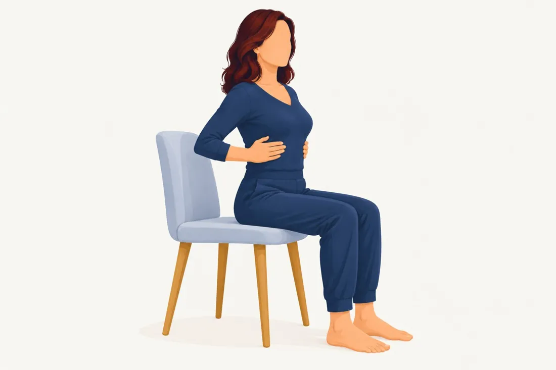Ilustração de uma mulher sentada na beirada da cadeira com as mãos nas costelas