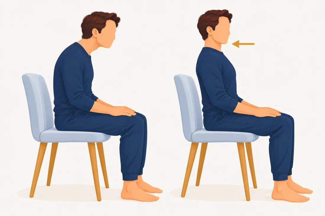 Ilustração de um homem sentado: à esquerda com a cabeça projetada para a frente, à direita com a cabeça alinhada sobre os ombros