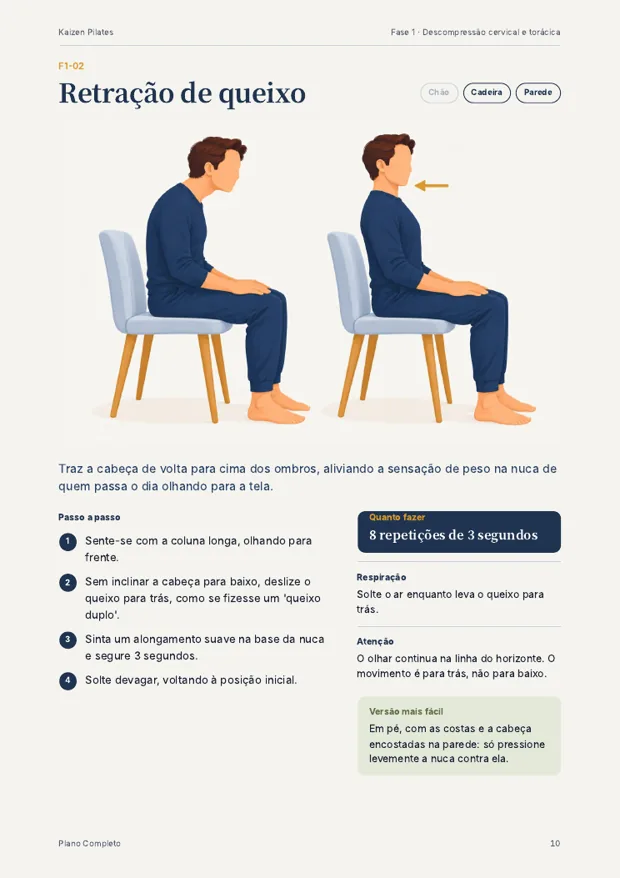 Página de exercício com ilustração, passo a passo, respiração e versão mais fácil