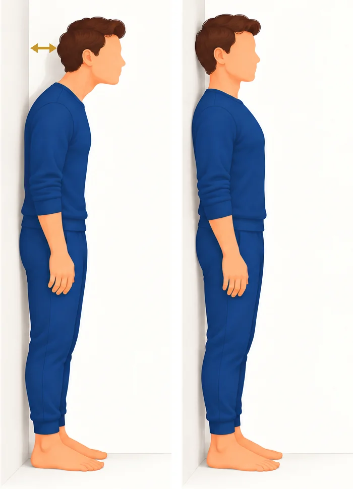 Ilustração de um homem em pé, de perfil, com calcanhares e costas na parede: à esquerda a cabeça fica longe da parede, à direita a nuca encosta nela